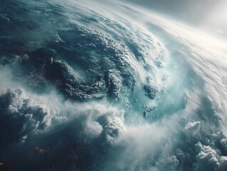 Wall Mural - a breathtaking view of earth from space shows a swirling mass of clouds obscu landmasses below in a 