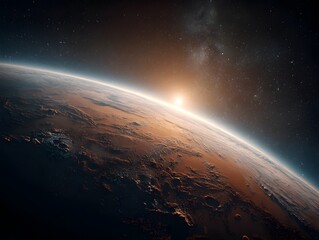 Wall Mural - a breathtaking sunrise over a martian landscape viewed from space showcasing the red planet's rugged