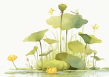 Watercolor, simple illustration, a cute lotus leaf and dragonfly on the water surface, green plants, white background, clean lines, minimalism, simple details, yellow flowers blooming on top of it,