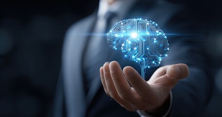 Businessman holding the AI artificial intelligence, AI automation revolutionizing business efficiency and human, AI driven automation improving corporate decision making enhancing workflow.