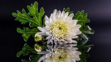 Poster - Delicate white chrysanthemum flower reflection nature setting close-up photography serene background artistic viewpoint