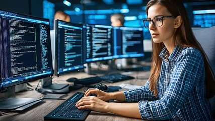 Young female programmer coding on multiple screens in a modern tech office environment with focused expression