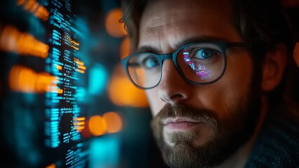 Focused programmer at night, illuminated by glowing code