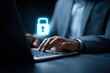 © li - Cybersecurity protects login and secure internet access, Man secure data on laptop with encryption and network protection. Secure login and digital privacy, Business confidentiality. High quality