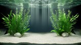 The realistic underwater view of an udomsup top aquarium showcases the water clarity, filtered sunlight, plants, and sand with realistic photography copy.