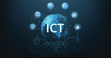 Aufkleber - Information and communication technology(ICT)design.Information and communication technology on dark blue background.Wireless communication network. Intelligent system automation.	