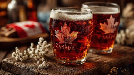 cheers to canada: a close-up captures two glasses of cold, refreshing beer with a canadian maple lea