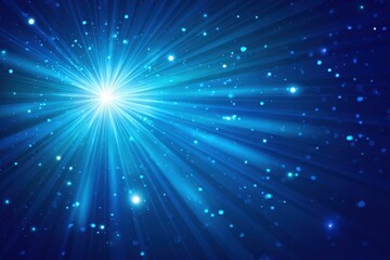 Wall Mural - A bright blue burst of light radiates outward with sparkling particles on a dark blue background, creating a dynamic, energetic effect.