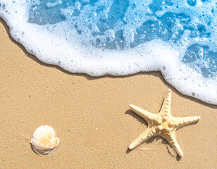 Wall Mural - beautiful close up view of sandy beach featuring starfish and seashell beside gentle ocean waves. scene evokes sense of tranquility and connection to nature
