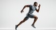 © Budi - Muscular athletic man sprinting in sportswear against a white background