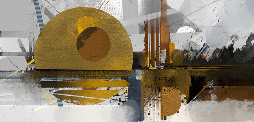 Aufkleber - Black, white and gold color. Modern abstract art oil, acrylic painting for wallpaper background. Contemporary art paint. Illustration Artwork with drawing, brush stroke, grunge texture on canvas
