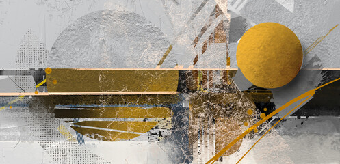 Aufkleber - Black, white and gold color. Modern abstract art oil, acrylic painting for wallpaper background. Contemporary art paint. Illustration Artwork with drawing, brush stroke, grunge texture on canvas