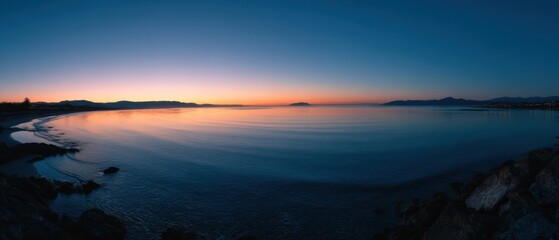 Aufkleber - Panoramic View of Calm Ocean at Sunset With Orange Sky and Distant Mountains, Representing Tranquility and Coastal Escape for Travel and Tourism : Generative AI