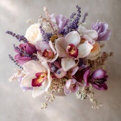 Aufkleber - Floral Arrangement with Orchids Roses and Lavender in Soft Light, Symbolizing Romance and Elegant Celebration, Ideal for Wedding Decor and Anniversary Gift : Generative AI