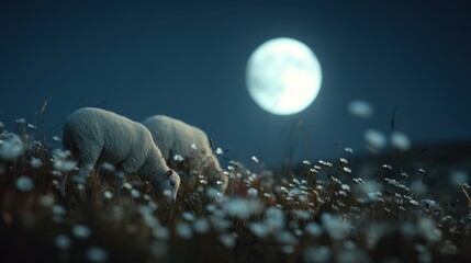 Aufkleber - Two White Sheep Graze in a Field of White Flowers Under a Bright Full Moon at Night, Representing Peaceful Rural Life and Natural Beauty : Generative AI