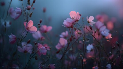 Poster - Delicate Pink Flowers Blooming in Soft Mist at Dawn or Dusk, Evoking Tranquility and Natural Beauty for Wellness and Serenity Concepts : Generative AI