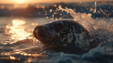 Fototapete - Close Up of a Wild Seal Splashing in Golden Ocean Water at Sunset or Sunrise, Capturing the Essence of Wildlife Freedom and Natural Beauty in a Dynamic Moment : Generative AI