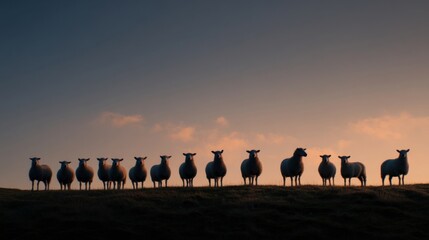 Aufkleber - Line of Sheep Silhouetted on Hill at Sunset, Symbolizing Rural Tranquility and Agricultural Heritage, Ideal for Farm or Nature Photography : Generative AI