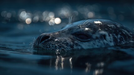 Aufkleber - Close-up of a Seal's Head Emerging from Dark Water with Bokeh Lights, Capturing Serene Wildlife Photography and Marine Life Study : Generative AI