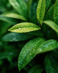 Poster - Close-up of Vibrant Green Leaves Covered in Fresh Water Droplets, Representing Natural Beauty and Environmental Freshness : Generative AI