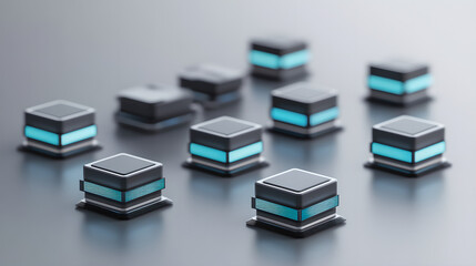 A close-up shot of a sleek, futuristic array of superconducting qubits with glowing blue lights, surrounded by a minimalist, high-tech environment, emphasizing advanced technology and innovation.