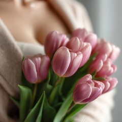 Poster - Close Up of a Woman's Hands Gently Holding a Fresh Bouquet of Pink Tulips, Representing Gift Giving and Springtime Beauty : Generative AI