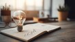 © Generative AI - Lit Lightbulb on Open Notebook with Business Chart on Wooden Desk Representing Innovation and Idea Generation for Business Growth and Learning : Generative AI