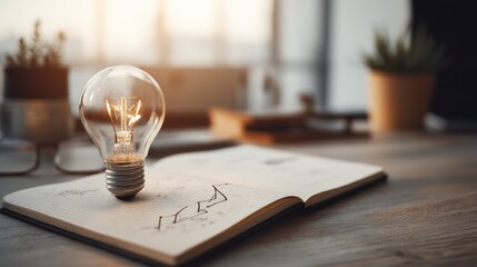 Aufkleber - Lit Lightbulb on Open Notebook with Business Chart on Wooden Desk Representing Innovation and Idea Generation for Business Growth and Learning : Generative AI