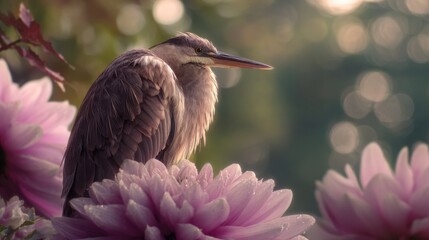 Aufkleber - Graceful Heron Perched on a Dewy Pink Flower at Sunset, Capturing Natural Beauty and Tranquil Wildlife Moments : Generative AI