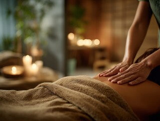Leinwandbilder - Therapist Hands Giving Relaxing Back Massage in Warm Spa Setting With Candles, Promoting Wellness and Self-Care : Generative AI