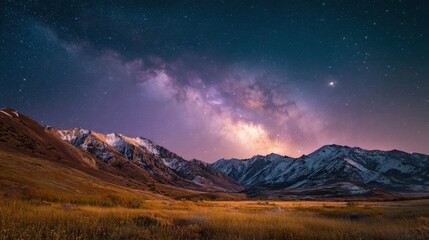 Poster - Spectacular View of the Milky Way Galaxy Arching Over Majestic Mountains and Golden Fields at Night, Evoking Cosmic Wonder and Natural Beauty : Generative AI