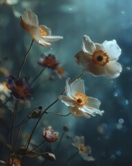 Aufkleber - Delicate White and Purple Anemone-like Flowers Blooming in a Dark Ethereal Garden Setting with Bokeh Lights, Representing Natural Beauty, Tranquility, and Growth : Generative AI