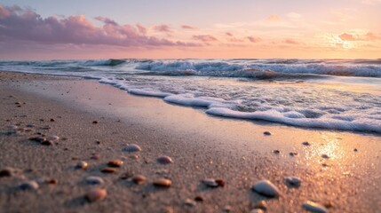 Aufkleber - Sandy Beach at Sunset With Gentle Waves and Seashells, Evoking Coastal Serenity and Peaceful Getaway for Travel and Relaxation : Generative AI