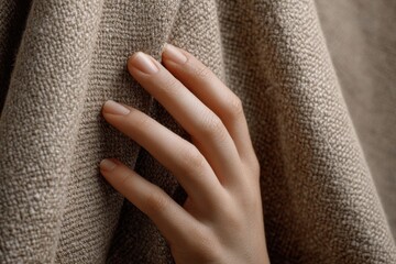 Fototapete - Hand Touching Soft Beige Linen Fabric Showing Texture and Detail, Symbolizing Comfort and Sensory Experience for Textile Design and Home Decor : Generative AI