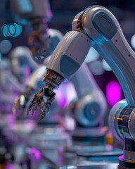 Aufkleber - Detailed View of Robotic Arms in a Modern Industrial Environment with Colorful Bokeh Lights, Representing Advanced Automation and Future Manufacturing Technology : Generative AI