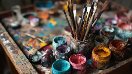 Leinwandbilder - Paintbrushes and Jars of Colorful Paint on a Wooden Table, Illustrating Artistic Expression and Creative Exploration in Art Education and Design Projects : Generative AI