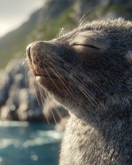 Poster - Close-Up Portrait of a Peaceful Seal With Eyes Closed Enjoying Warm Sunlight on a Rocky Coastline, Capturing Nature's Tranquility and Wildlife Beauty for Conservation and Travel : Generative AI