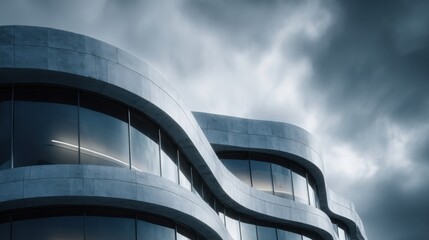 Fototapete - Modern Concrete Building With Wavy Design Against Cloudy Sky, Showcasing Architectural Innovation and Urban Development for Real Estate Marketing : Generative AI
