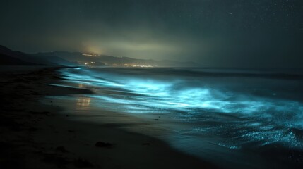 Poster - Bioluminescent Waves Crashing on a Dark Beach Under a Starry Sky at Night, Evoking Wonder and a Sense of Natural Beauty for Travel and Environmental Awareness : Generative AI