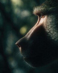 Aufkleber - Olive Baboon Profile in Dramatic Lighting Against Blurred Greenery, Showcasing Wildlife Conservation and Natural World Beauty : Generative AI