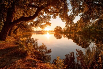 Poster - Golden Sunset Light Shining Through Autumn Leaves Over Calm River Water, Capturing Natural Beauty and Tranquility in a Serene Landscape : Generative AI