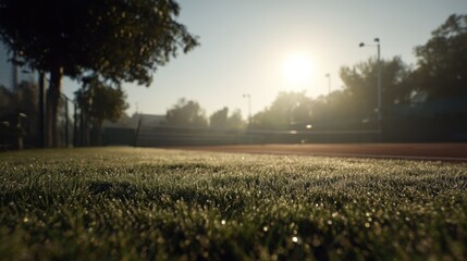 Aufkleber - Morning Dew on Grass Near a Tennis Court at Sunrise, Capturing the Serene Atmosphere of Outdoor Sport and Recreation : Generative AI