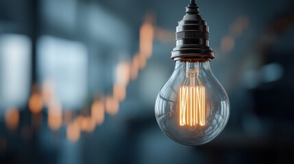 Aufkleber - Vintage Edison Style Light Bulb with Glowing Filament Against Blurred Background Resembling a Rising Chart Symbolizing Business Idea Financial Growth and Innovation : Generative AI