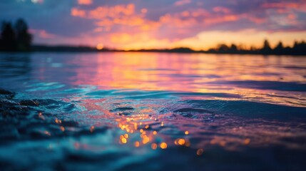 Aufkleber - Close View of Water Ripples Reflecting Vibrant Sunset Colors, Evoking Serenity and Natural Beauty for Relaxation and Environment Concepts : Generative AI