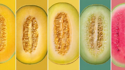 Poster - Close-Up Vertical Slices of Various Melons and Watermelon with Seeds on Colorful Backgrounds, Representing Healthy Eating and Summer Refreshment : Generative AI