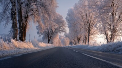 Poster - Scenic Frosty Winter Road Lined With Ice-Covered Trees Illuminated by Warm Golden Light, Capturing Seasonal Beauty, Tranquility, and the Concept of a Journey : Generative AI