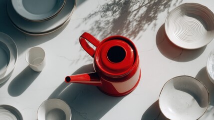 Fototapete - Overhead View of Red Teapot Surrounded by Ceramic Plates and Bowls on Marble Surface, Representing Kitchenware and Culinary Presentation : Generative AI