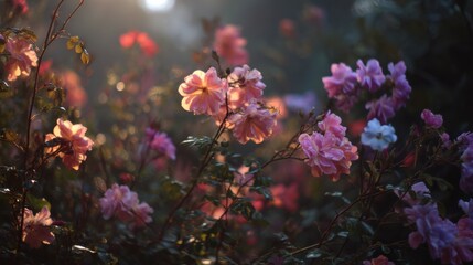 Aufkleber - Pink Roses Blooming in Garden at Sunset Representing Romance and Natural Beauty for Wedding Decoration and Springtime Celebrations : Generative AI