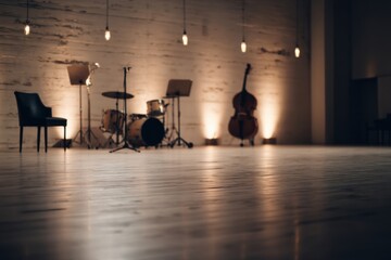 Aufkleber - Empty Music Stage Setup with Drums Double Bass Chair and Music Stands Under Warm Spotlights, Ready for Performance Representing Creativity and Entertainment Industry : Generative AI