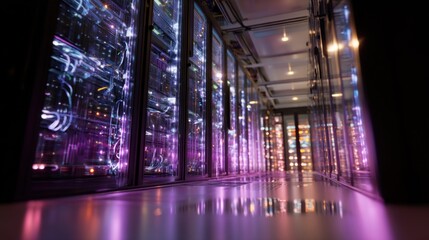 Poster - Server Room With Purple Lighting Showing Data Storage and Processing for Cloud Computing and Digital Infrastructure Solutions : Generative AI
